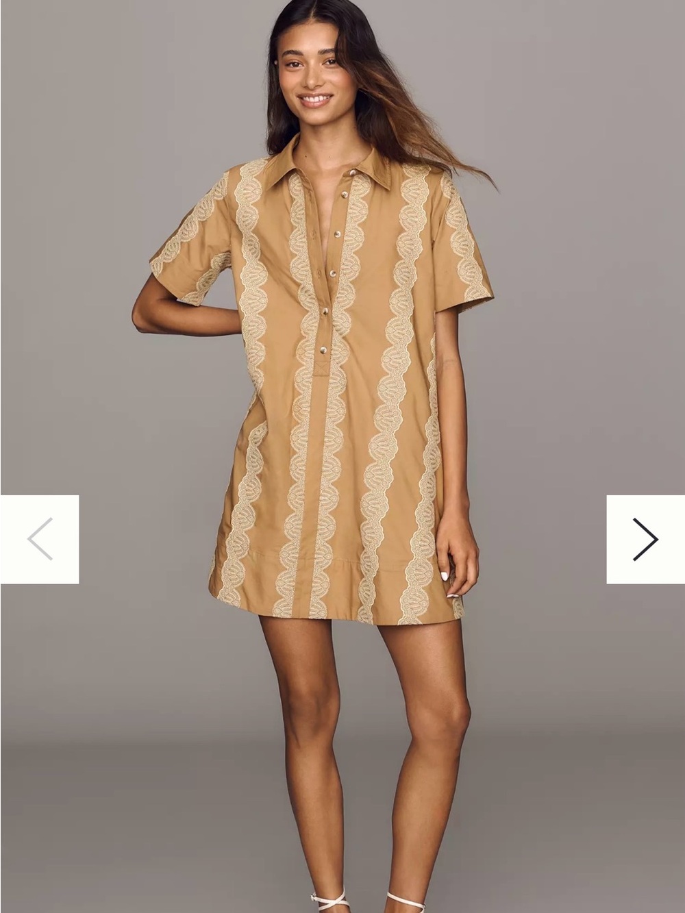 Anthropologie Short Sleeve Tan Shirt Dress with Lace Trim- NWT - size m